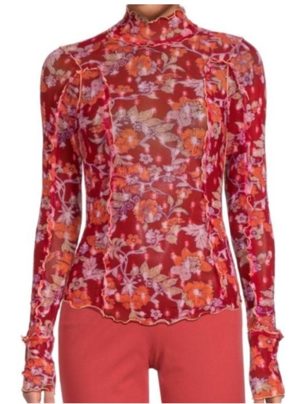 Free People Floral Mesh Top Red Sheer Y2K Fairy Grunge Festival - Picture 2 of 9